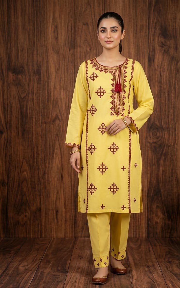 Woman wearing a yellow traditional outfit with intricate patterns against a wooden background