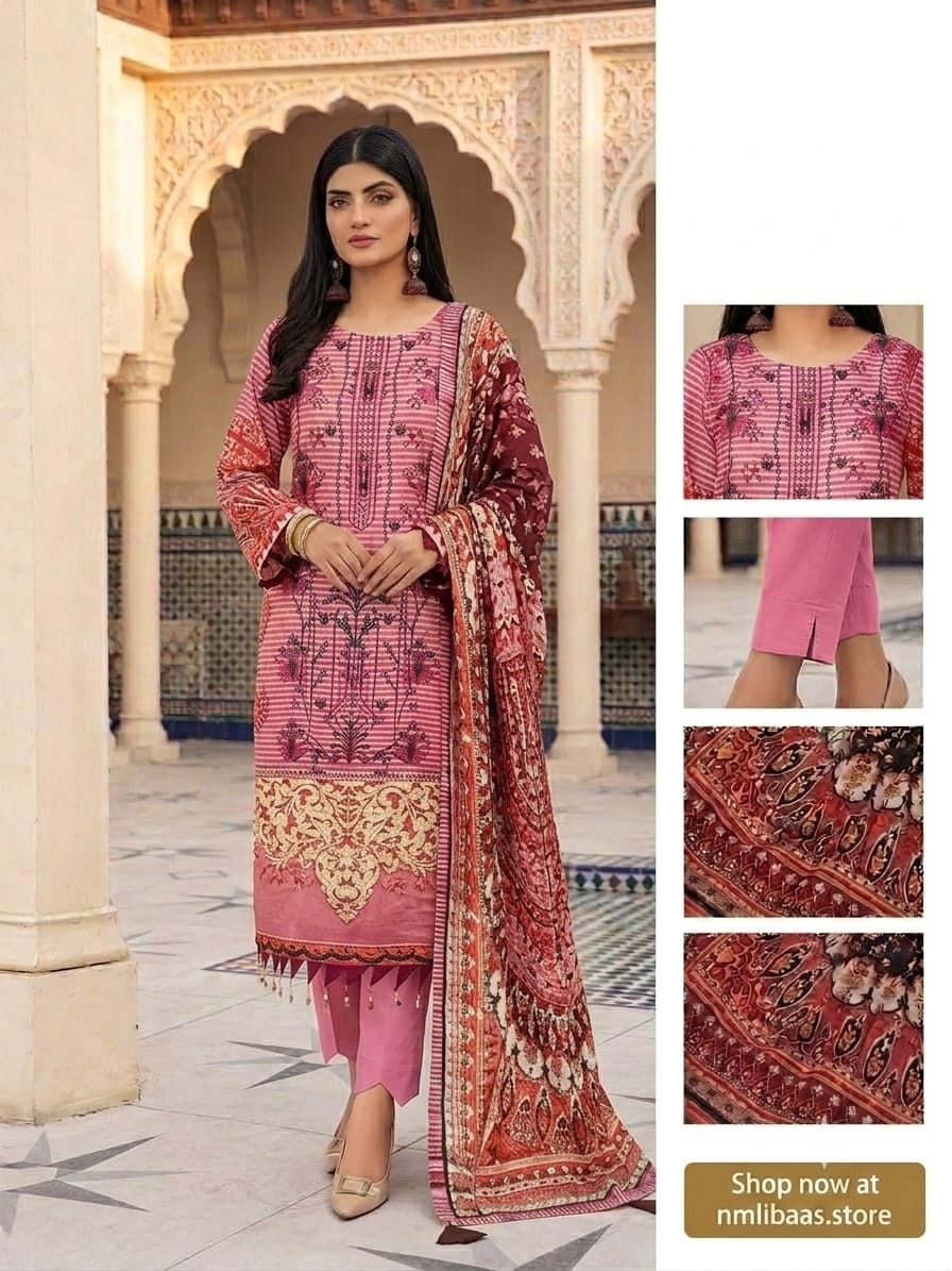 3-Piece Embroidered Lawn Suit with Printed Dupatta