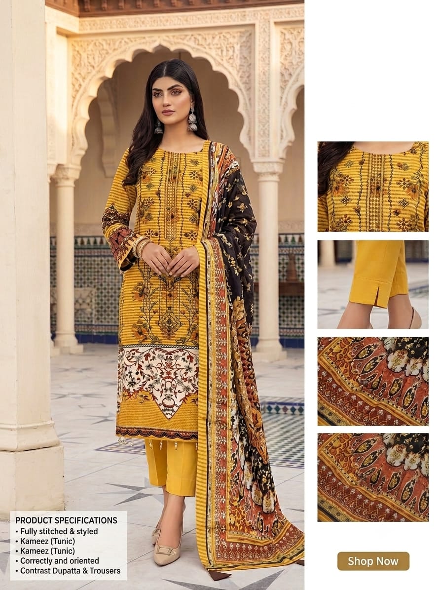 3-Piece Embroidered Lawn Suit with Printed Dupatta