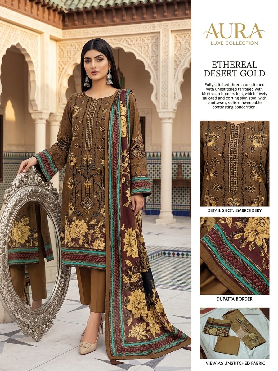 3-Piece Embroidered Lawn Suit with Printed Dupatta