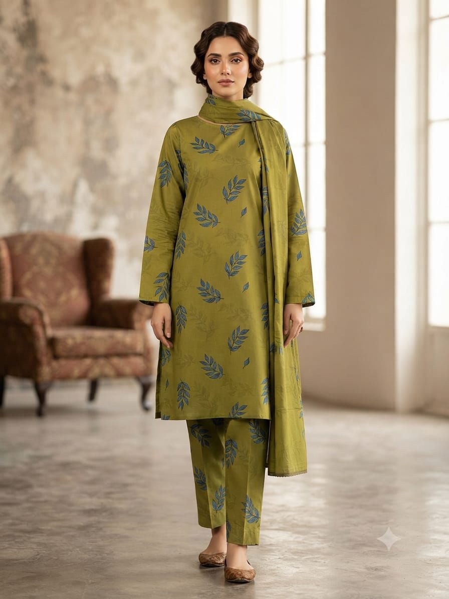 Olive Green Leaf Printed Lawn 2PC Unstitched Suit