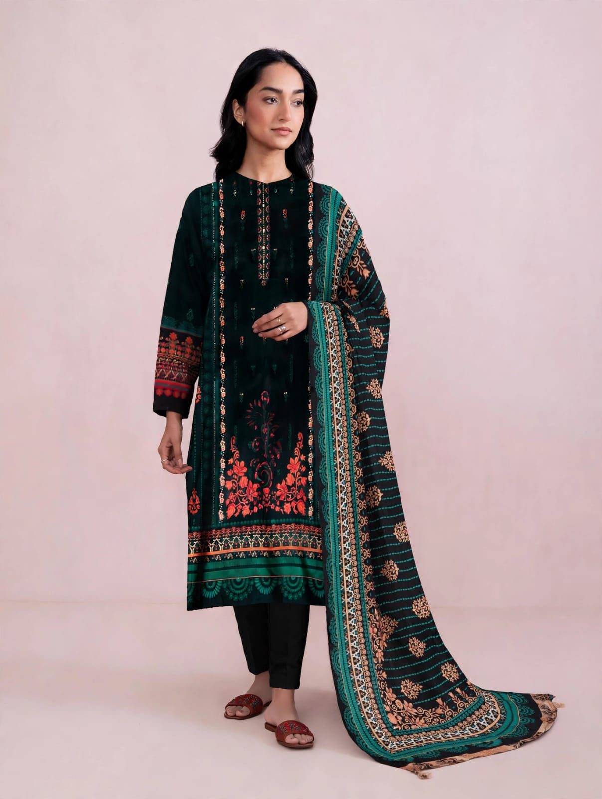 Dark Green Floral Printed Lawn 3PC Unstitched Suit