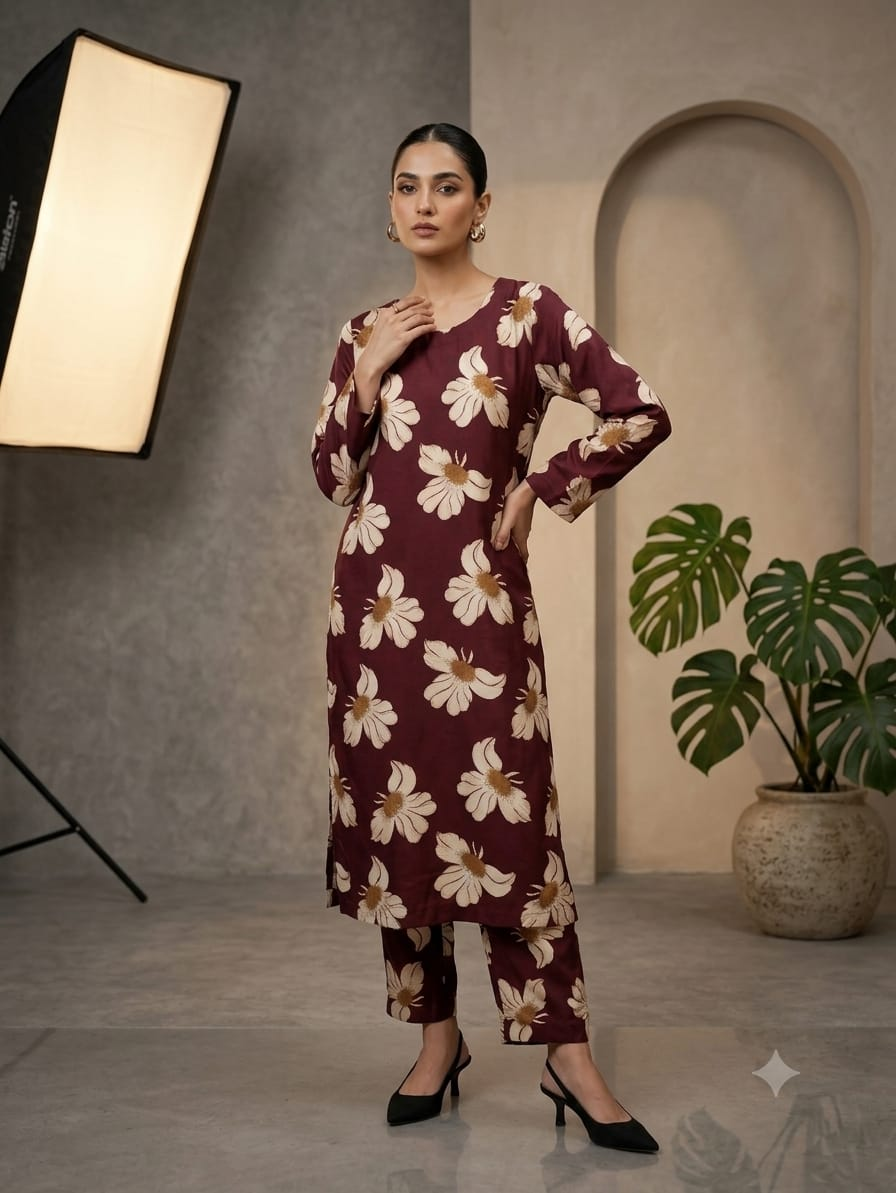 Maroon Floral Printed 2-Piece Stitched Suit