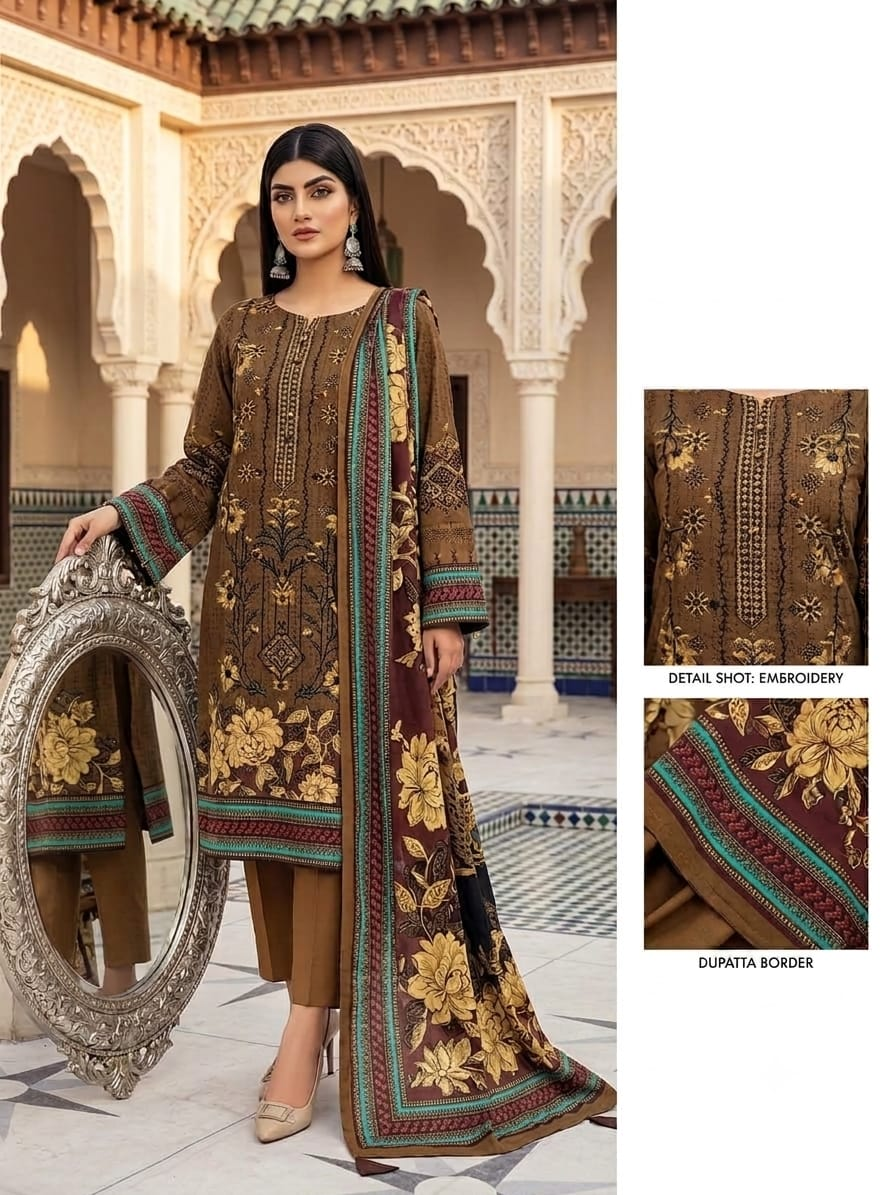 Brown Printed Lawn Suit with Embroidered Dupatta