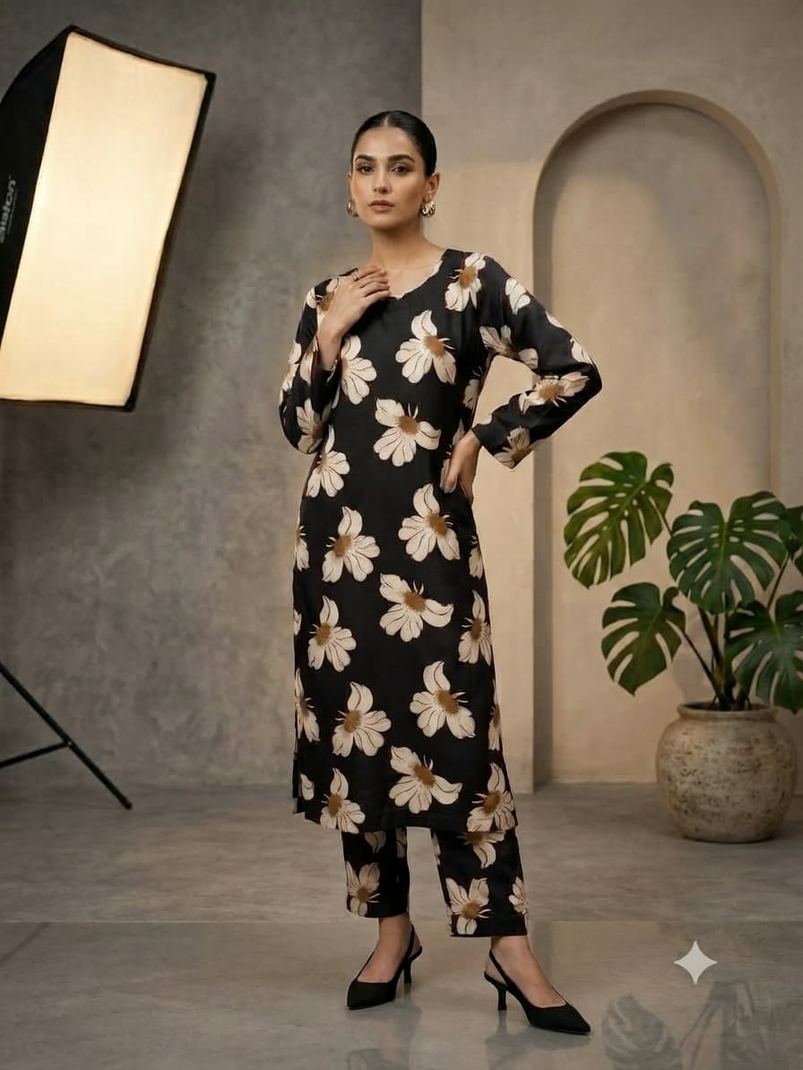 Black Floral Printed 2-Piece Stitched Suit