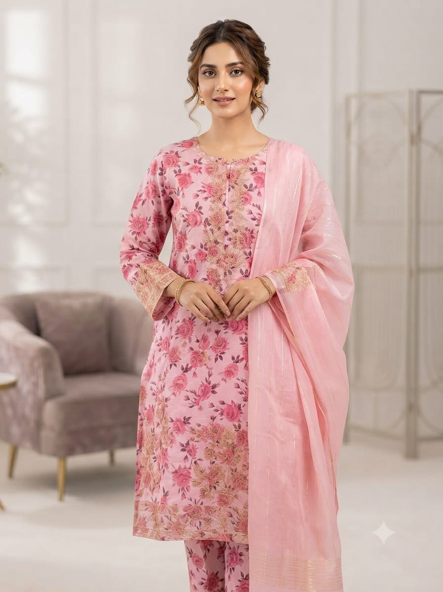Pink Rose Floral Stitched 3-Piece Suit - Full Look