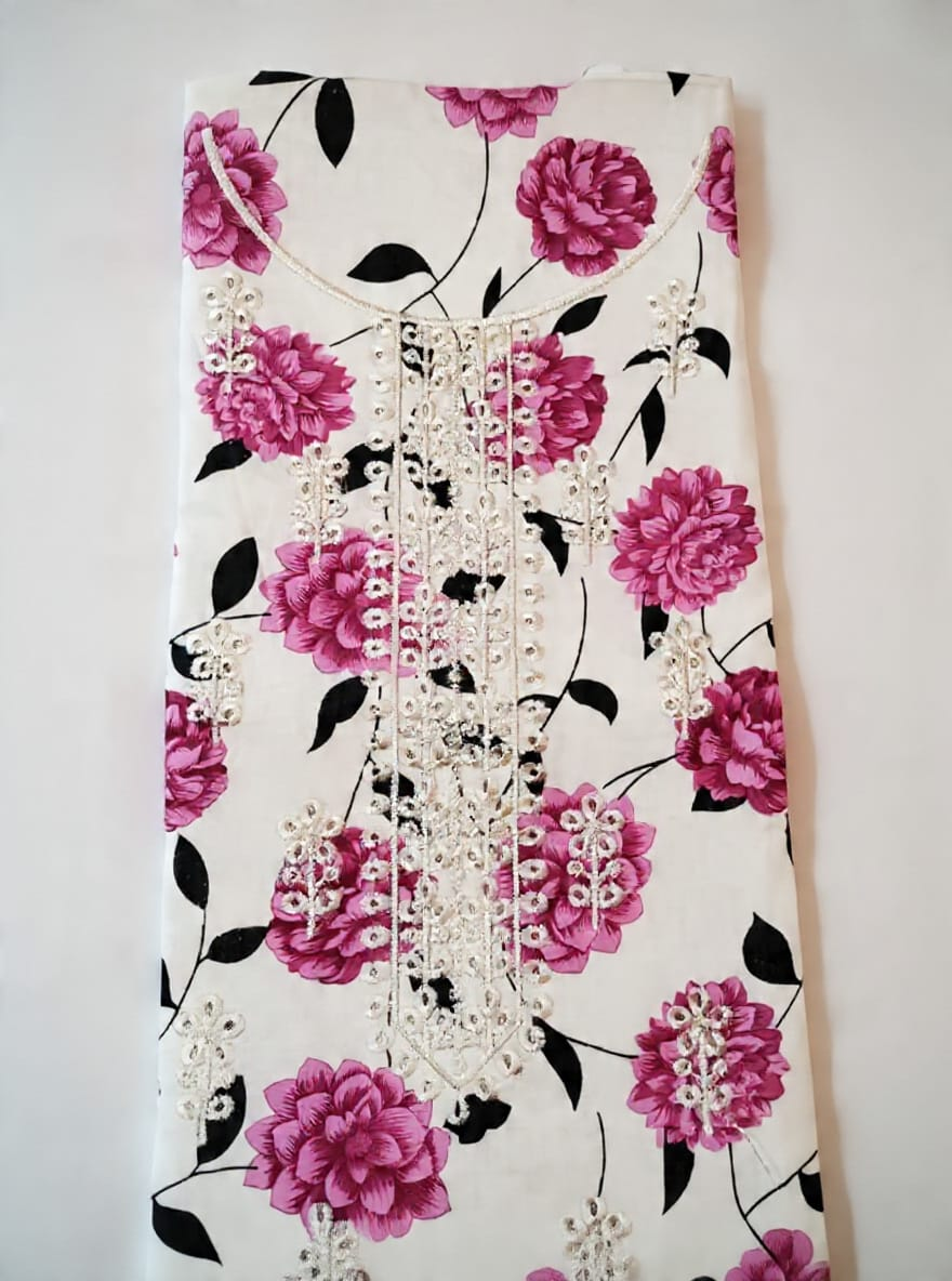 White & Pink Floral Unstitched Lawn Suit - Fabric Detail