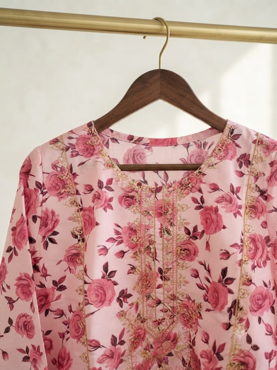 Pink Rose Floral Stitched Suit - Neckline Detail