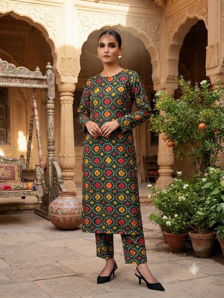 Green Printed 2-Piece Stitched Suit