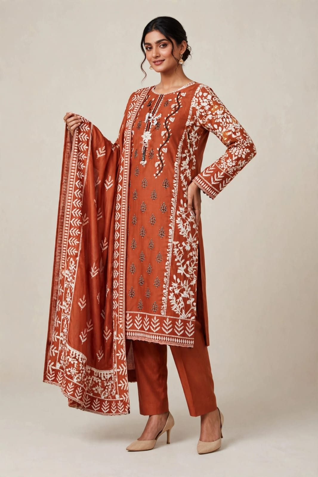 Rust Floral Embroidered Lawn 3PC Unstitched Suit