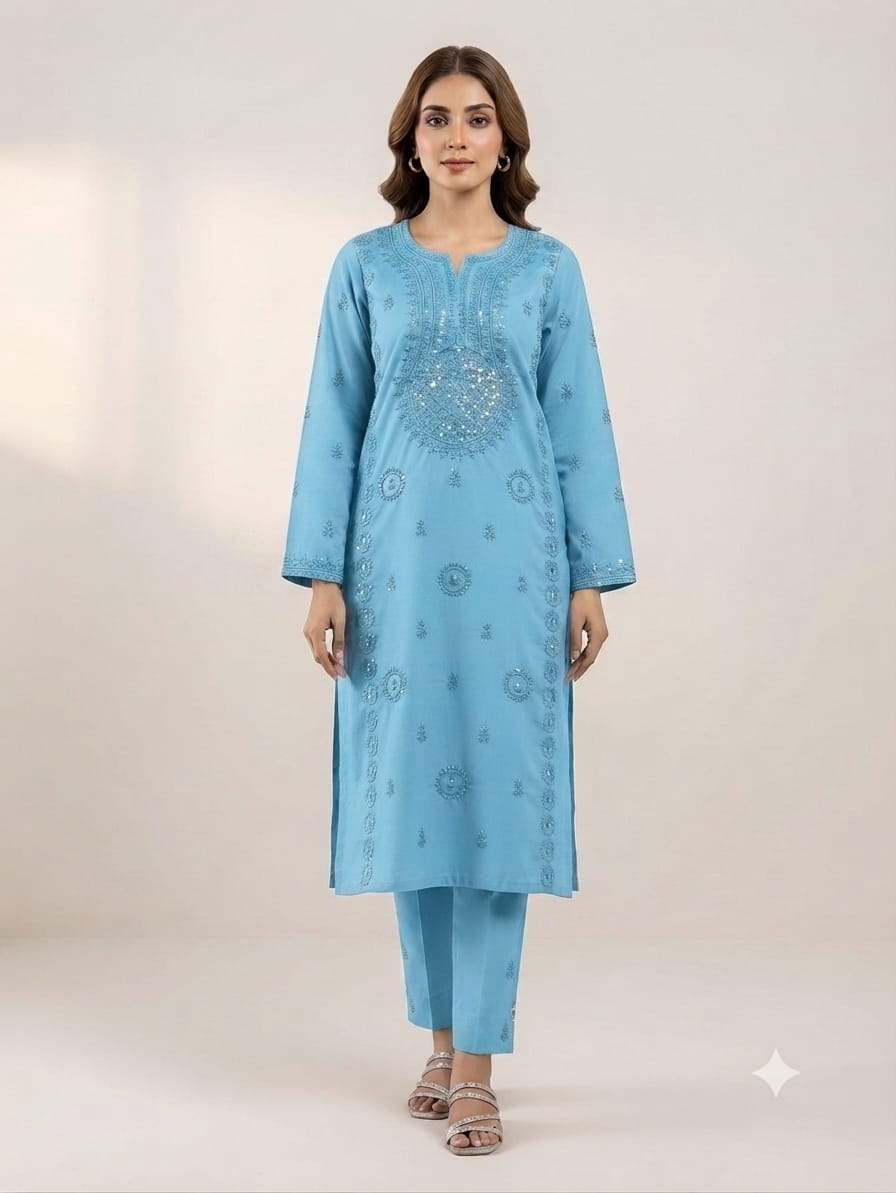 Sky Blue Embroidered Unstitched 2-Piece Suit