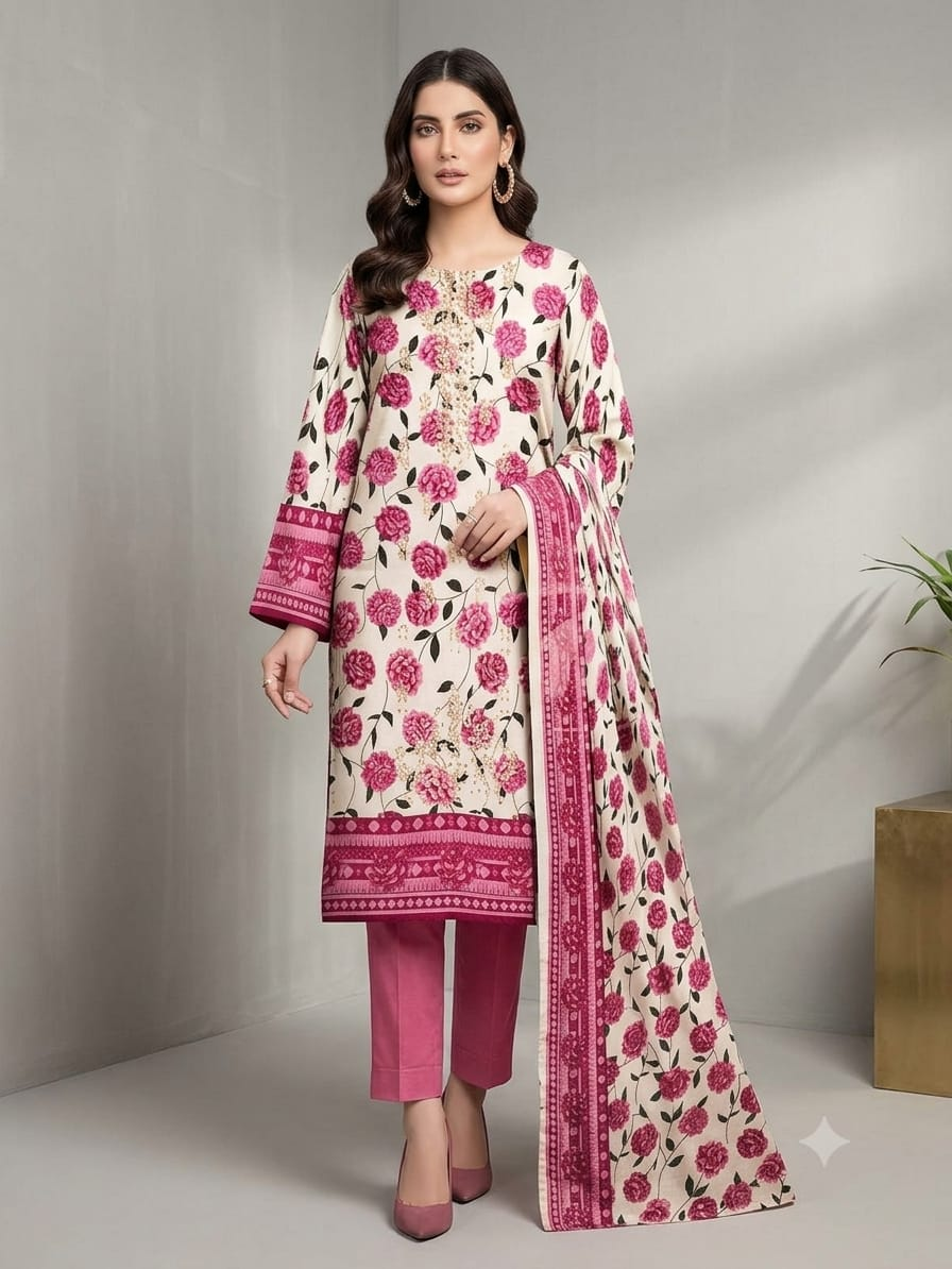 White & Pink Floral Unstitched Lawn Suit - Full View